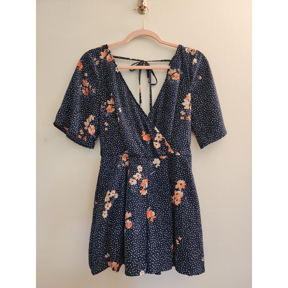 Trixxi Navy Blue Polka Dot Floral Romper Short Sleeve Tie Back Size S 12W6235PVD